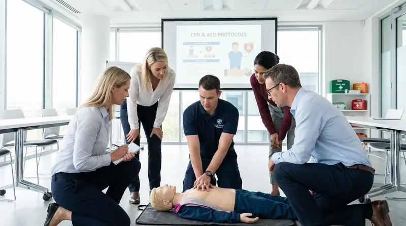 First Aid Trainer Course - Professional first aid training with CPR manikin and AED equipment